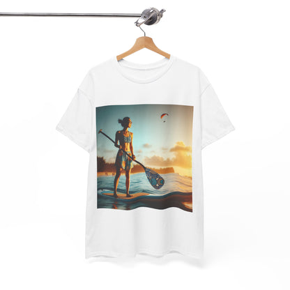 Sleek Delightfull Paddle Board Scene T-Shirt designed by Dazzling Dreams Studio, showcasing a vibrant paddleboarding scene, ideal for luxury water sport enthusiasts.