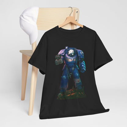 Chic unisex graphic tee with a striking illustration of a sci-fi warrior, artfully arranged on a wooden chair with a stylish cap, emphasizing its casual yet fashionable appeal.