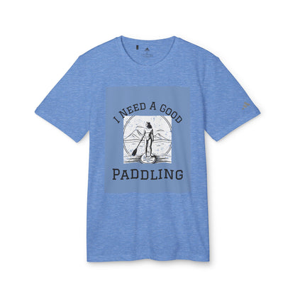 Front view of the exquisite Adidas Women's Paddleboarders T-shirt in Royal Heather, showcasing the striking graphic 'I Need A Good Paddling', ideal for paddleboarding enthusiasts.