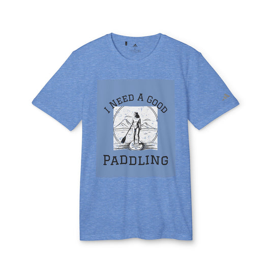 Front view of the exquisite Adidas Women's Paddleboarders T-shirt in Royal Heather, showcasing the striking graphic 'I Need A Good Paddling', ideal for paddleboarding enthusiasts.