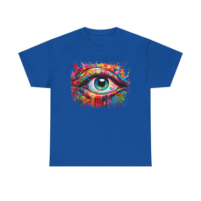 Vibrant blue unisex t-shirt embellished with the artistic 'Visionary Drip' design, featuring a bold and colourful eye graphic, designed for those who stand out.