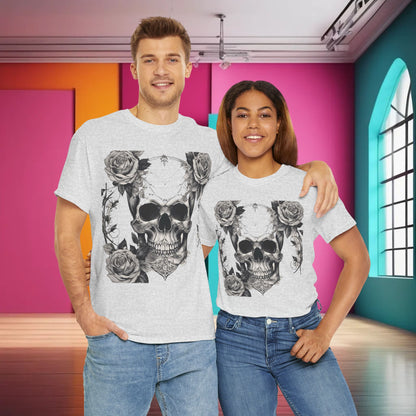 Couple showcasing the Skulls and Roses Cotton Tee in a stylish setting, highlighting the unisex graphic shirt's unique design and luxurious appeal.