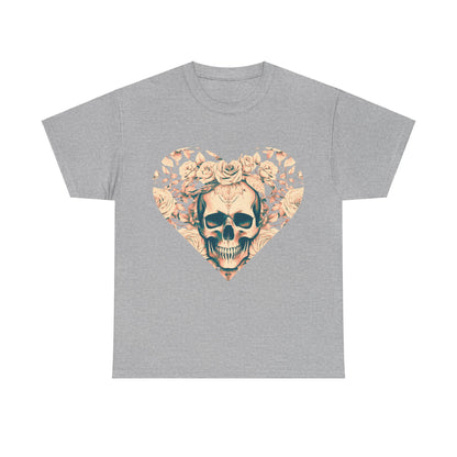 Skulls and Roses Cotton Tee - Unisex Graphic Shirt in grey featuring a striking skull design adorned with roses. Stylish and sophisticated fashion statement piece.