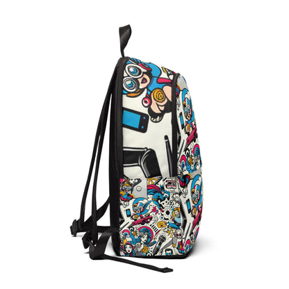 Interior view of Urban Essence Pop Art Mosaic Backpack by Dazzling Dreams Studio, showcasing spacious design and organised compartments for convenient storage and functionality.