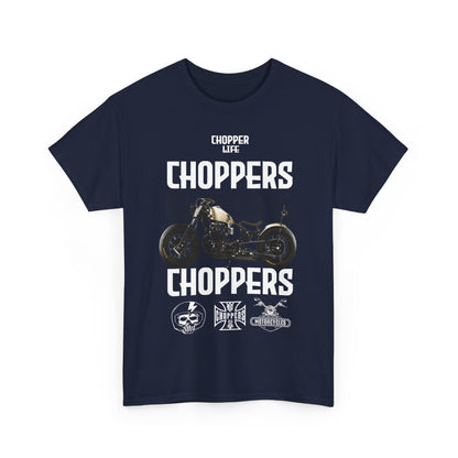 Front view of a distinguished navy blue T-shirt featuring a bold 'CHOPPERS' graphic design, appealing to motorcycle enthusiasts.