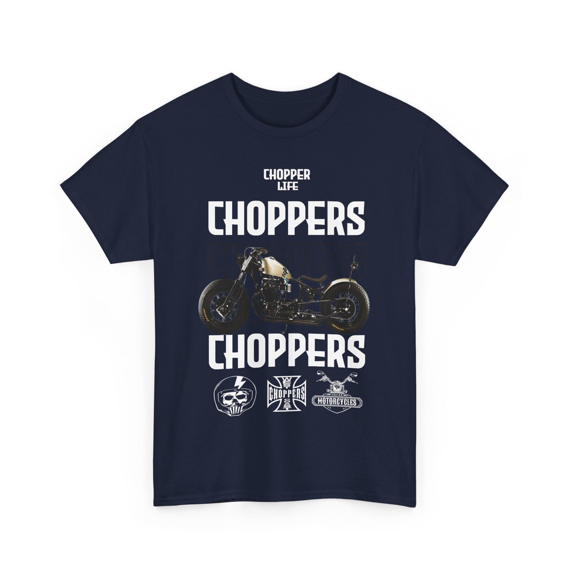 Front design of a luxurious navy graphic t-shirt featuring 'CHOPPERS' text and motorcycle graphics, representing bold biker fashion.