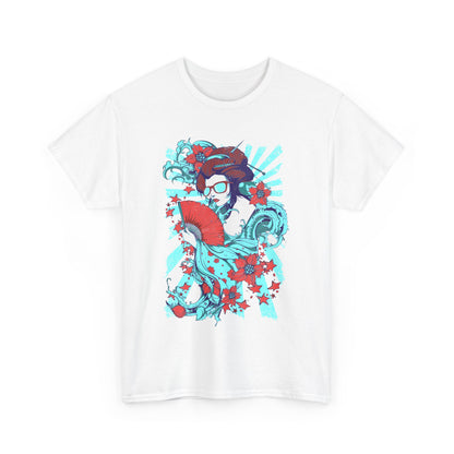 Vibrant graphic design on a men's t-shirt featuring a striking geisha illustration, rich in vibrant colours and contemporary details.