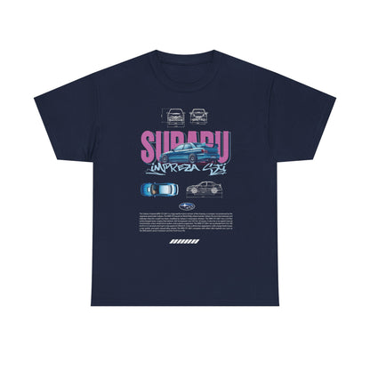 Sophisticated navy blue men's t-shirt showcasing a bold Subaru Impreza WRX STI graphic design, complete with illustrations and specifications, a must-have for luxury car lovers.