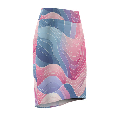 Model wearing the Serena Valentina Abstract Pastel Gradation Pencil Skirt, radiating comfort and style in a vibrant pastel palette, perfect for making a fashion statement.