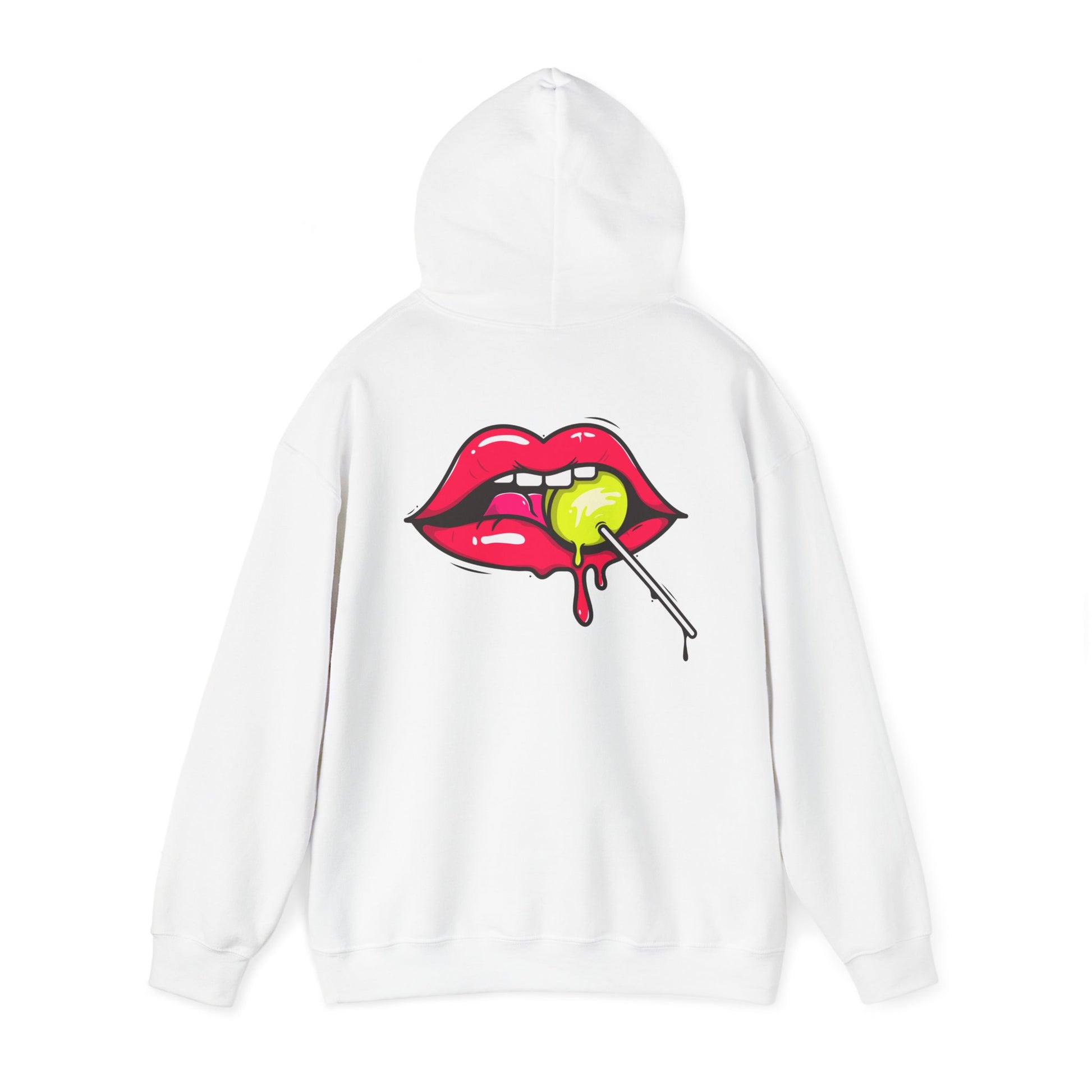 Artistic white hoodie adorned with a vibrant graphic of luscious lips and a lollipop, exemplifying a playful yet chic style.