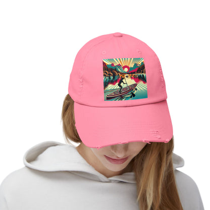 Model wearing the Unisex Distressed Paddleboarders Cap in pink with an eye-catching fantasy design, perfect for adventurous outings and outdoor elegance.