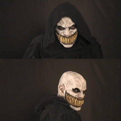 Premium Halloween Horror Latex Balaclava Mask modeled by an individual, depicting a frightening visage with a hood, perfect for making a statement at Halloween gatherings.