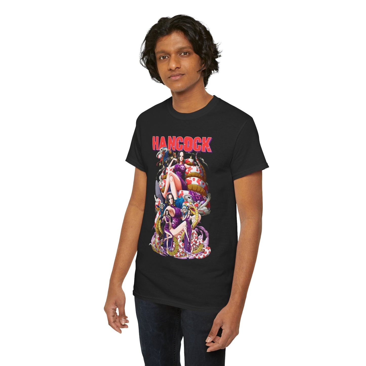 Another stylish model showcasing the black Hancock t-shirt with intricate anime design, ideal for casual and chic outfits.