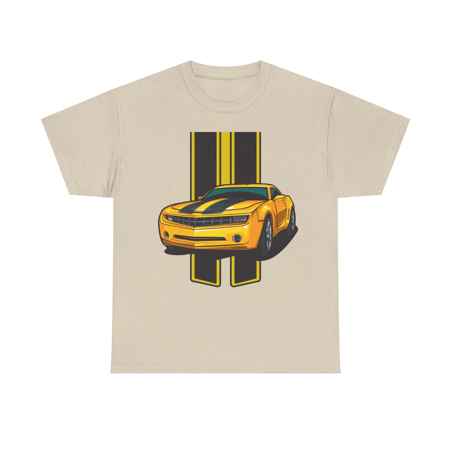 Luxury men's T-shirt featuring a striking neon yellow Camaro graphic design and bold black stripes, perfect for automotive enthusiasts.