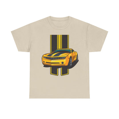Luxury men's T-shirt featuring a striking neon yellow Camaro graphic design and bold black stripes, perfect for automotive enthusiasts.