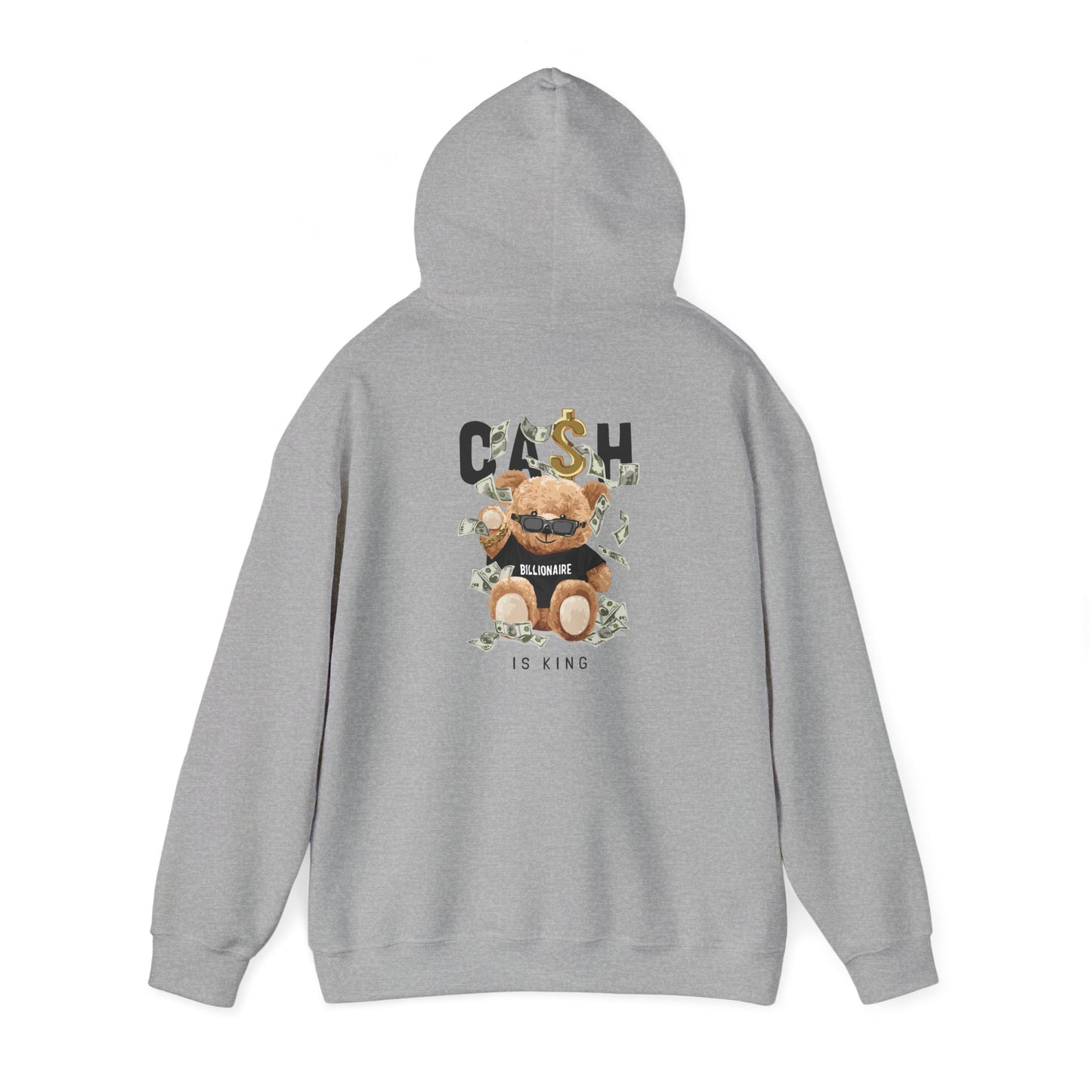 Stylish light grey hoodie showcasing a back graphic of a teddy bear in shades, embellished with dollar bill motifs and 'CASH BILLIONAIRE IS KING' text, embodying fun luxury vibes.