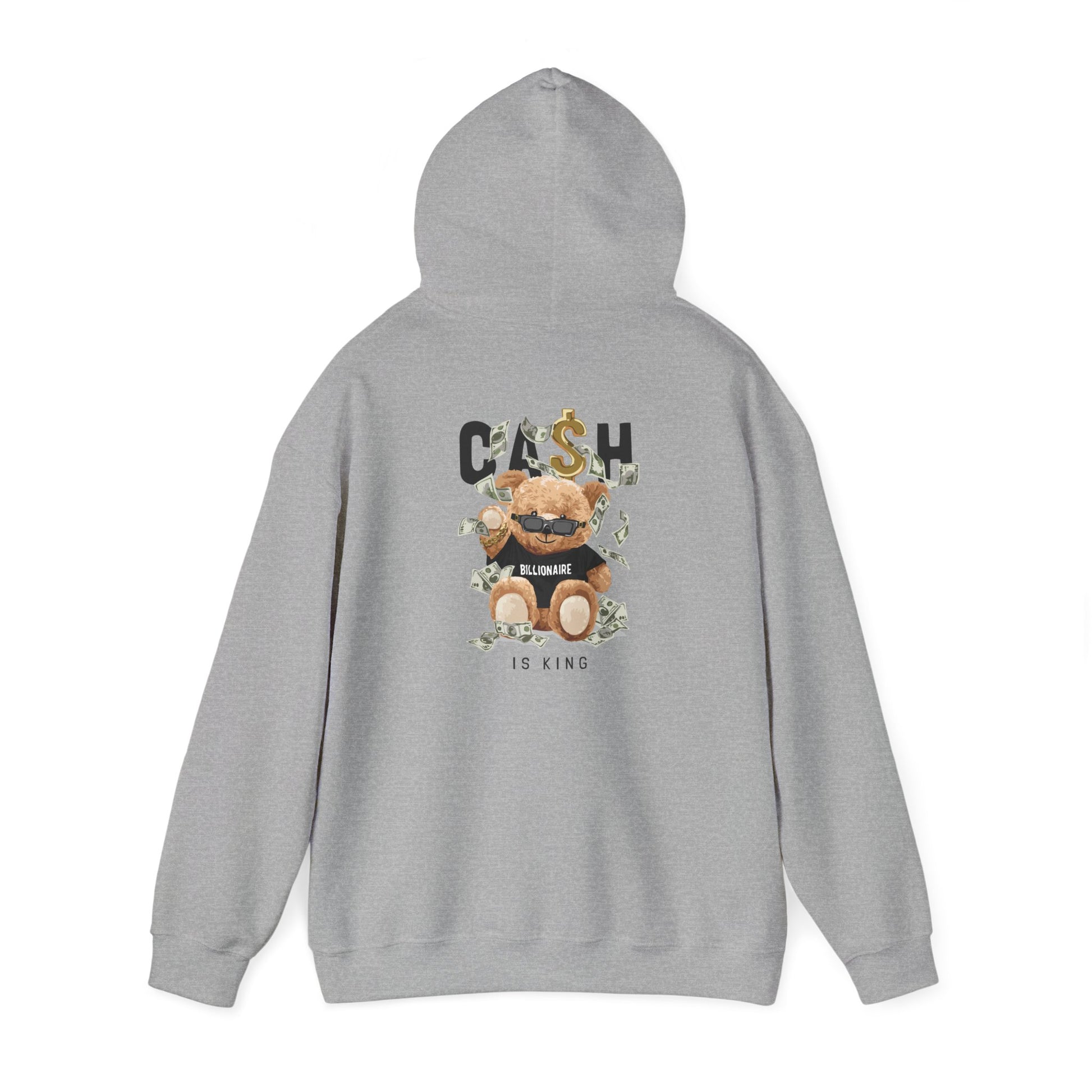 Stylish light grey hoodie showcasing a back graphic of a teddy bear in shades, embellished with dollar bill motifs and 'CASH BILLIONAIRE IS KING' text, embodying fun luxury vibes.