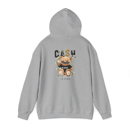 Stylish light grey hoodie showcasing a back graphic of a teddy bear in shades, embellished with dollar bill motifs and 'CASH BILLIONAIRE IS KING' text, embodying fun luxury vibes.