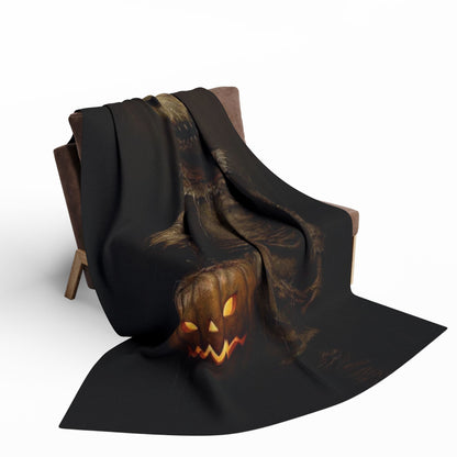 Deluxe setting of the Decorative and Warm Halloween Spooky Arctic Fleece Blanket artistically draped on a modern chair, exuding elegance and festive spirit.