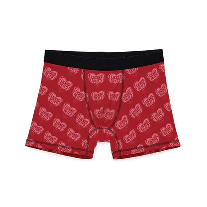 Valentines Naughty Cheeky Men's Boxer Briefs featuring the humorous phrase 'I LICKED IT SO IT'S MINE' in playful heart graphics, perfect for romantic occasions and birthdays.