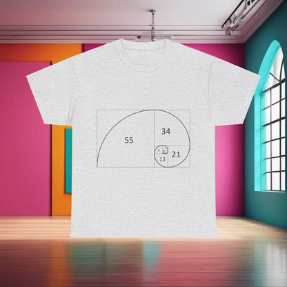 Fibonacci Spiral Space Tee in a light grey hue, featuring the elegant Fibonacci spiral graphic, ideal for style-conscious individuals who enjoy a blend of comfort and artistic expression.