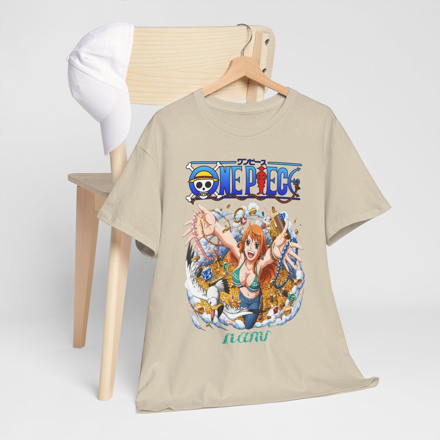 Elegant men's t-shirt displayed with a stylish cap, showcasing a vibrant anime artwork of Nami from One Piece surrounded by treasures, ideal for a chic casual look.