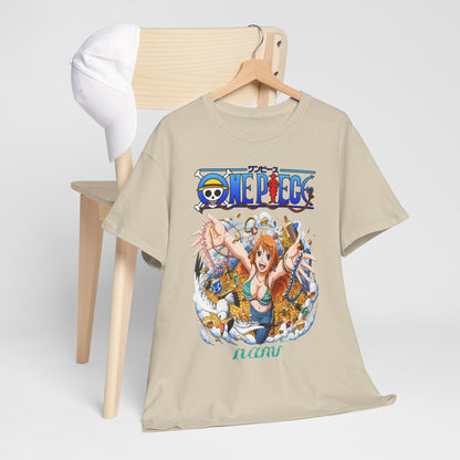 Elegant men's t-shirt displayed with a stylish cap, showcasing a vibrant anime artwork of Nami from One Piece surrounded by treasures, ideal for a chic casual look.