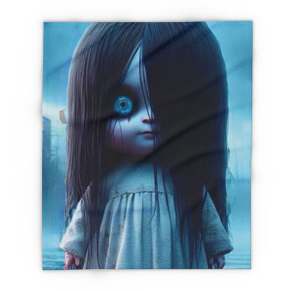Decorative and Warm Halloween Samara The Ring spooky Arctic fleece blanket showcasing a haunting doll image, ideal for creating a cozy and luxurious atmosphere this Halloween.