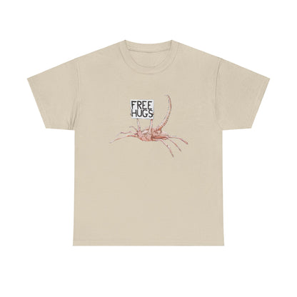 Sophisticated beige Alien Xenomorph Facehugger Free Hugs graphic on a comfortable unisex cotton t-shirt, ideal for casual wear.