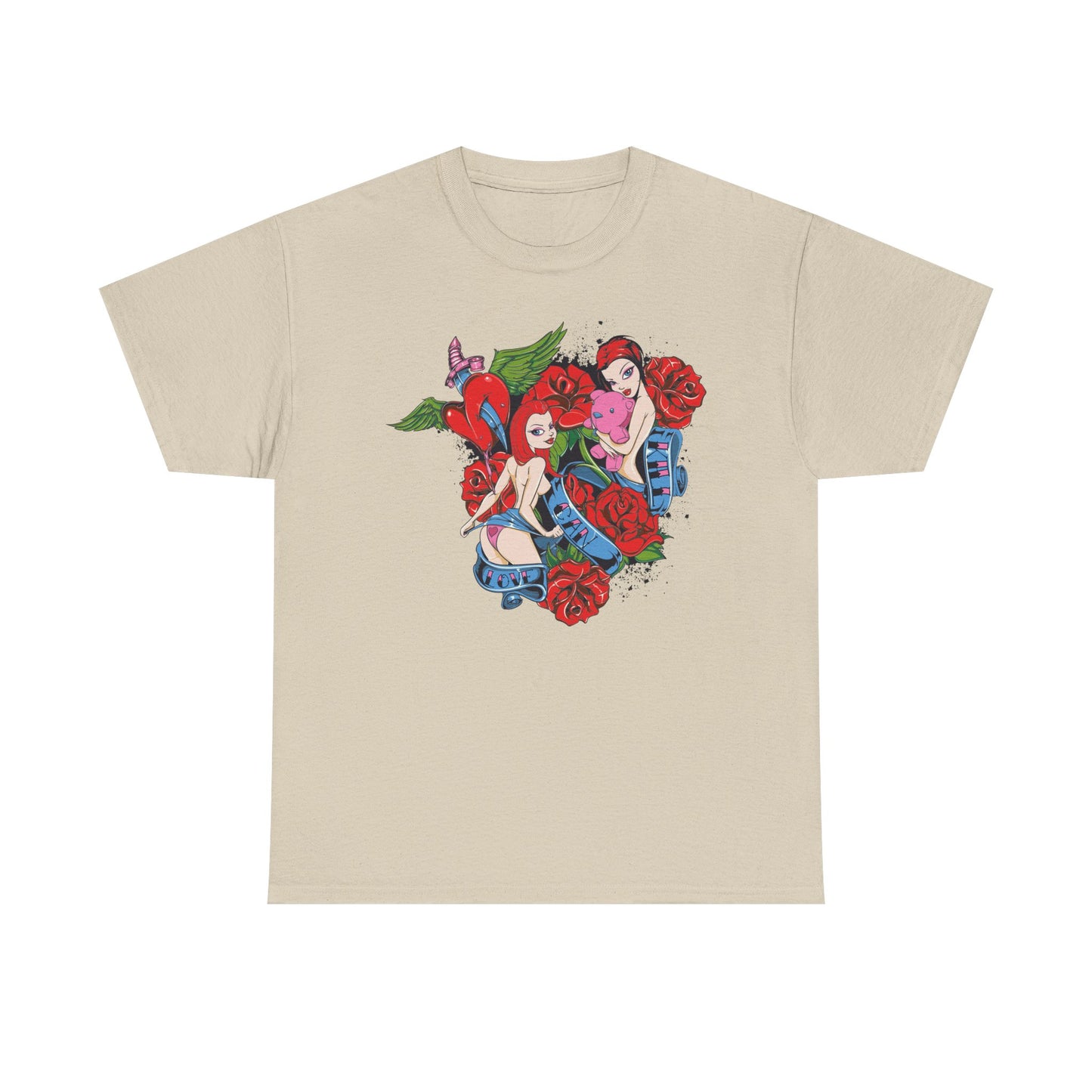 Elegant beige pin-up t-shirt showcasing a captivating graphic design with two enchanting figures amidst an arrangement of roses and playful elements.