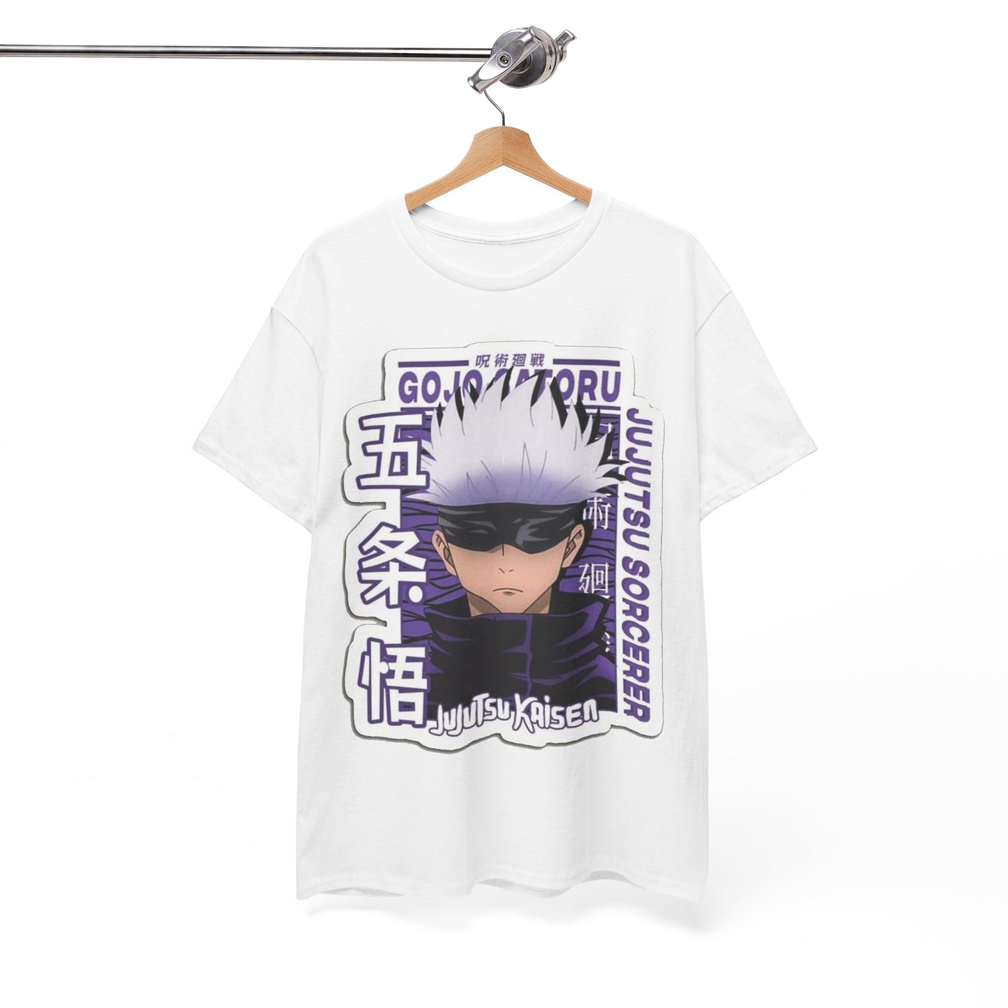 Refined Gojo Satoru T-shirt artfully hung to highlight its unique design and premium fabric, ideal for stylish anime enthusiasts.
