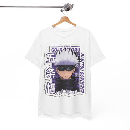 Refined Gojo Satoru T-shirt artfully hung to highlight its unique design and premium fabric, ideal for stylish anime enthusiasts.