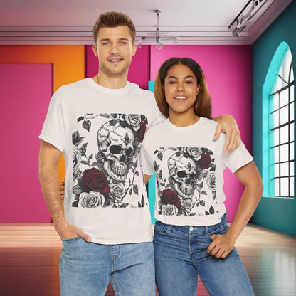 A couple wearing the Skulls and Roses Cotton Tee, showcasing the unisex fit and stylish skull and roses graphic, perfect for alternative fashion lovers.