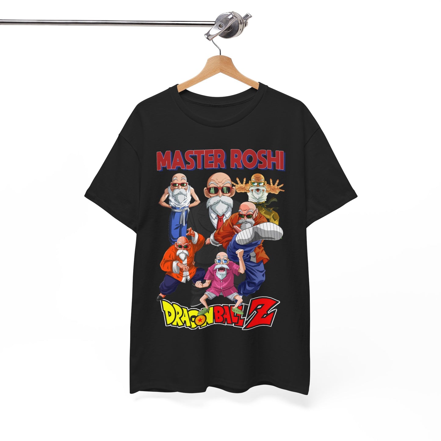 Elegant Dragon Ball Z Master Roshi T-shirt displayed on a hanger, featuring a rich graphic design that encapsulates Master Roshi's playful spirit, a must-have for any anime lover's wardrobe.