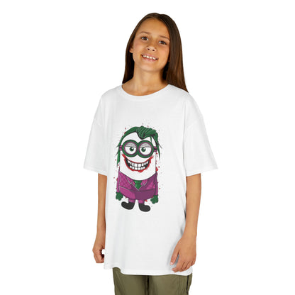 A child wearing the Minions Joker T-Shirt, showcasing the playful Minion design with Joker elements, great for fans of funny T-Shirts and Minions.