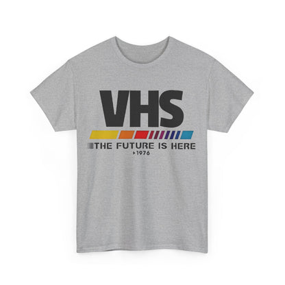 VHS Retro Logo Graphic Tee for Unisex, displaying a front view with bold colours and iconic VHS graphics, reflecting a blend of nostalgia and contemporary fashion.