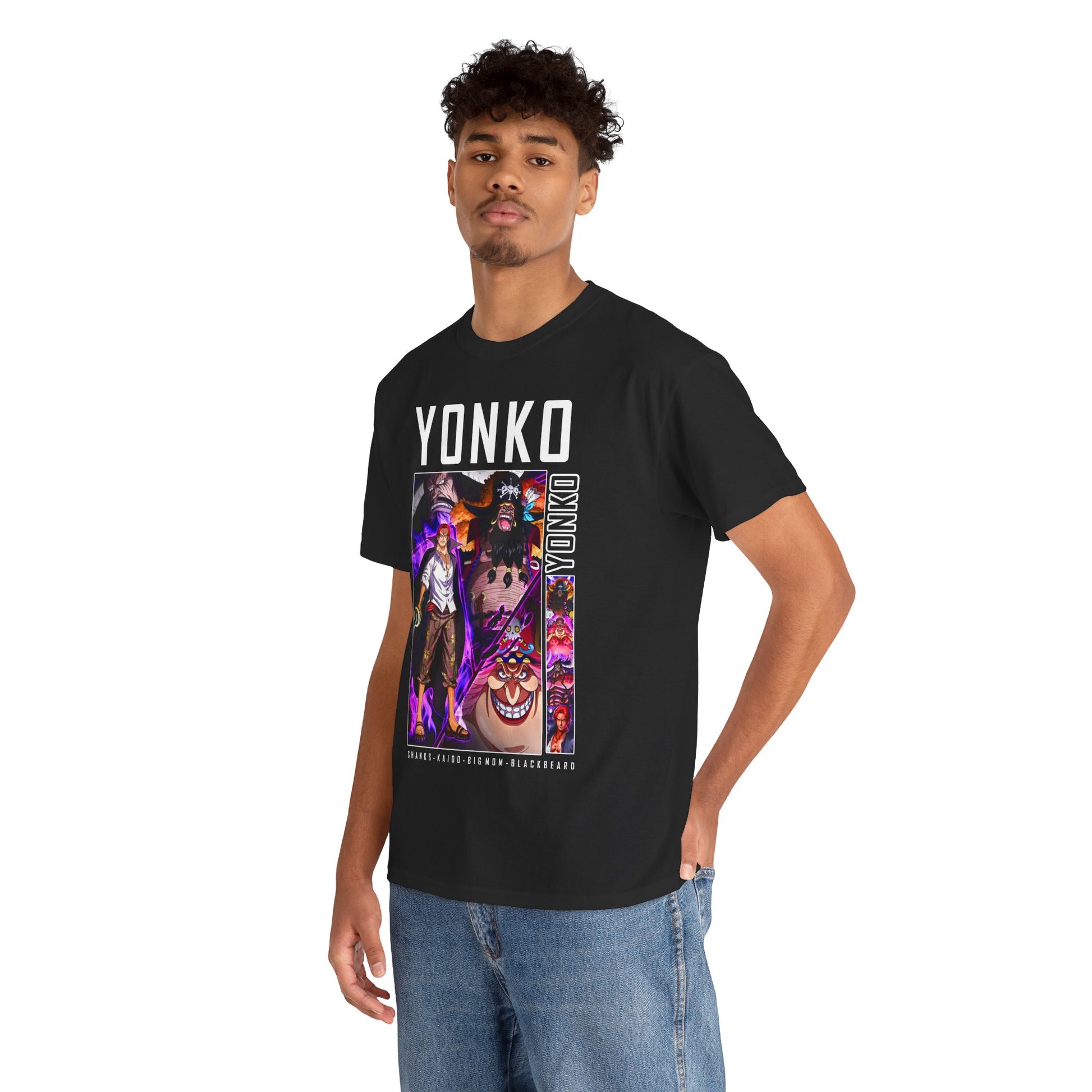 Man wearing a premium One Piece Yonko graphic t-shirt, confidently showcasing iconic anime characters including Shanks, Kaido, Big Mom, and Blackbeard, ideal for a sophisticated casual look.
