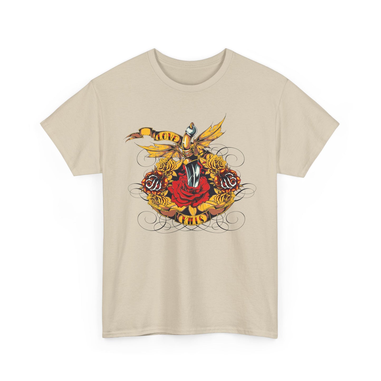 Intricately designed beige t-shirt showcasing the 'LOVE KILLS' graphic with roses and a gold dagger, embodying artistry and boldness.