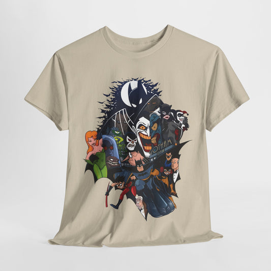 Gotham Vibes Batman DC Comics Graphic T-Shirt in light beige, featuring vibrant illustrated characters from the Batman universe including Batman, Catwoman, and Joker, ideal for urban fashion.