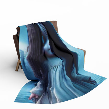 Luxurious Decorative and Warm Halloween Samara The Ring Spooky Arctic Fleece Blanket draped elegantly over a stylish chair, showcasing its enchanting design perfect for festive home decor.