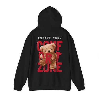 Stylish black hoodie featuring a charming teddy bear graphic and bold lettering 'ESCAPE YOUR COMFORT ZONE' on the back, designed for modern elegance.