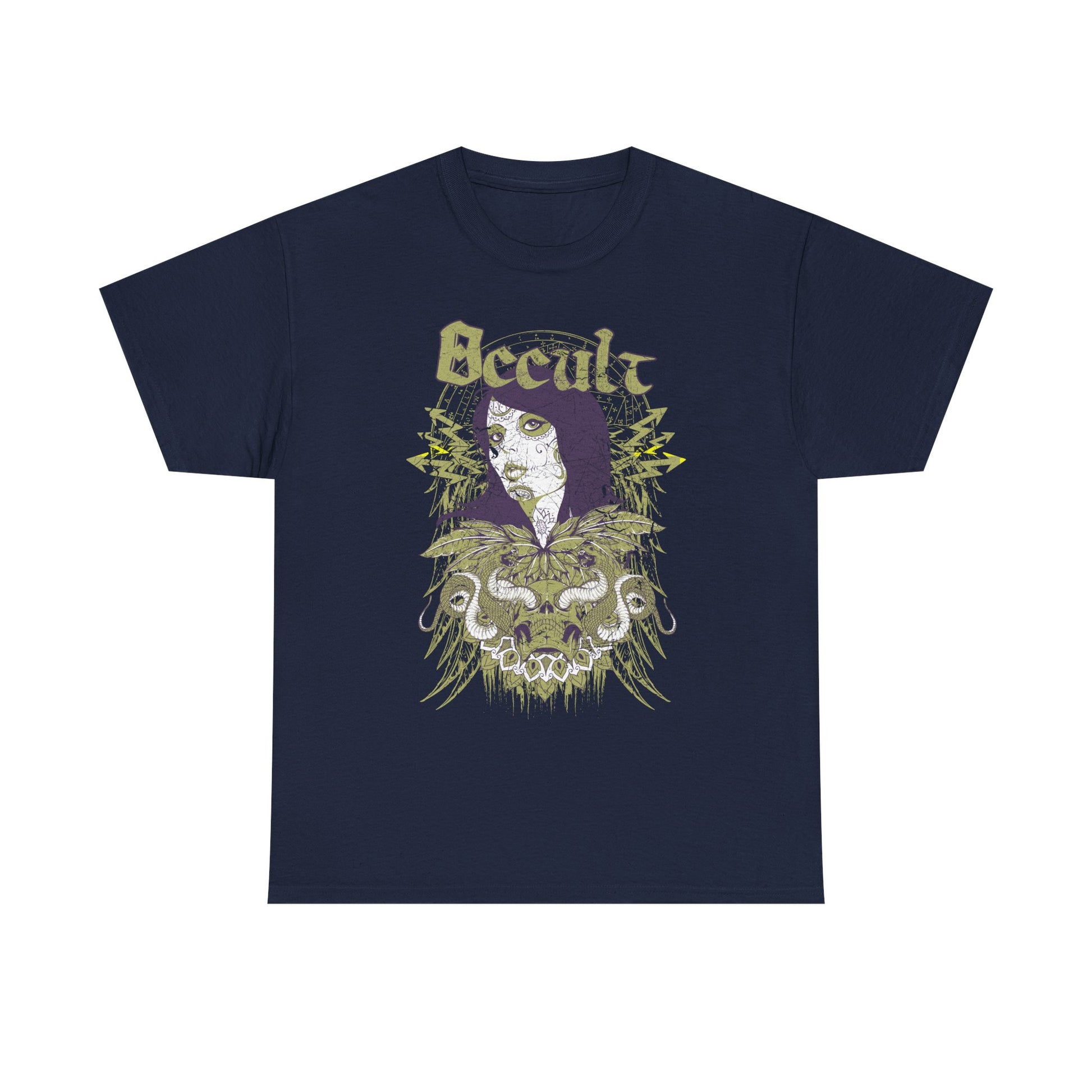 Stylish navy men's graphic t-shirt displaying an exquisite Day of the Dead skull design with whimsical wings and snakes, accented by the term 'Occult' in modern typography.