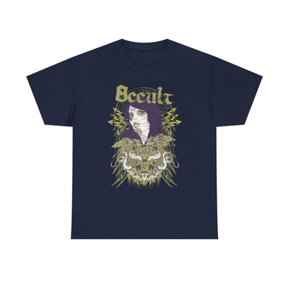 Stylish navy men's graphic t-shirt displaying an exquisite Day of the Dead skull design with whimsical wings and snakes, accented by the term 'Occult' in modern typography.