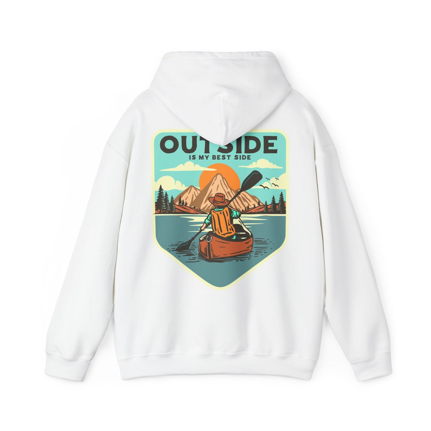 Elegant white hoodie featuring a retro graphic of a kayaker on a serene lake, surrounded by majestic mountains and a sunrise, with the text 'OUTSIDE IS MY BEST SIDE' prominently displayed.