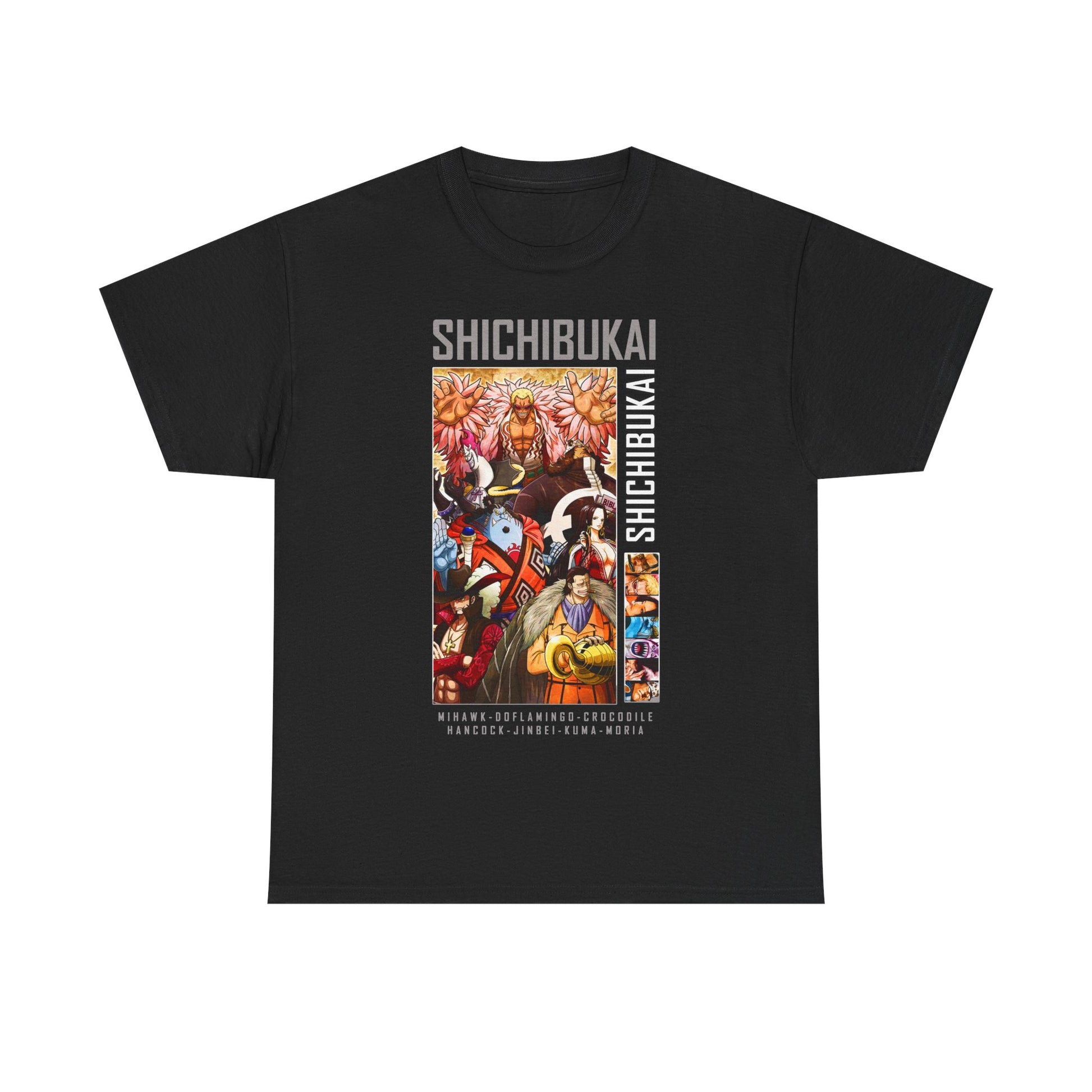 Sophisticated black One Piece Shichibukai T-shirt displaying iconic anime art, tailored for the dedicated collector.