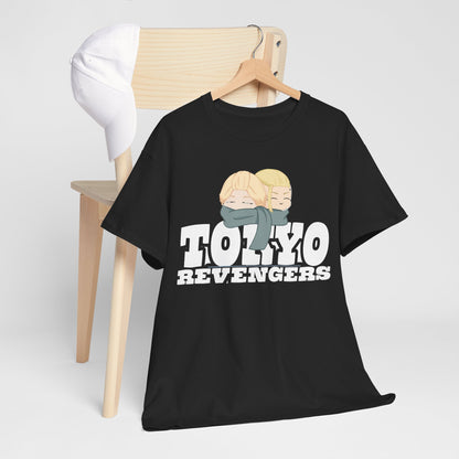 Tokyo Revengers graphic t-shirt elegantly draped over a stylish chair, featuring two anime characters and bold lettering, ideal for fashion-forward fans.