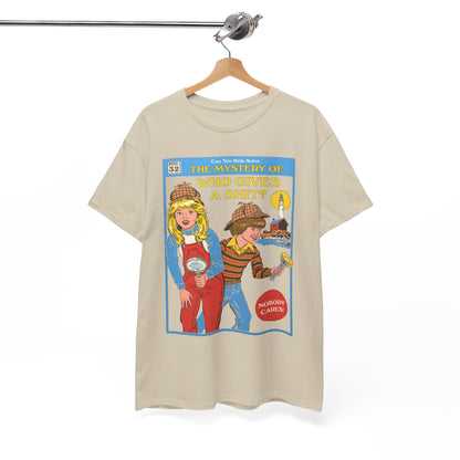 Luxuriously styled unisex t-shirt featuring the whimsical cover of 'The Mystery of Who Gives a Shit?', showcasing charming child detectives on a neutral background.