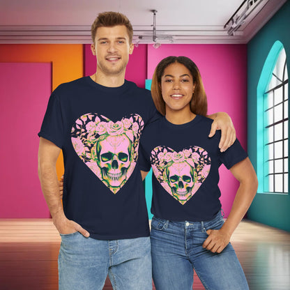 Couple presenting the Skulls and Roses Cotton Tee in navy, embellished with a bold heart graphic of intertwined skulls and roses, merging edgy style with comfort.