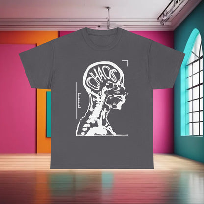 CHAOS Graphic Unisex T-Shirt in Premium Cotton showcasing a striking black and white X-ray design of a human head, embodying the essence of chaos through its artistic lettering.