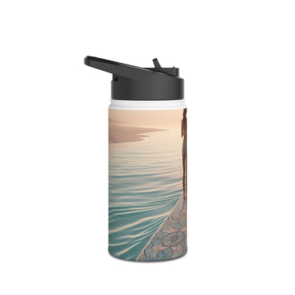 Fantasy Paddleboarding Stainless Steel Water Bottle with a scenic sunset view over tranquil waters, designed for luxury hydration.